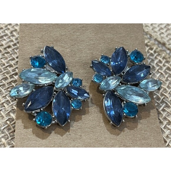 Blue Rhinestone Silver Tone Post Pierced Earrings Holiday Party Fairy Grunge - Picture 4 of 6